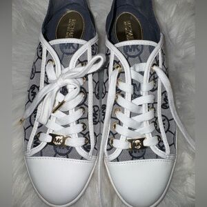 Michael Kors Navy Logo Canvas and White Trim Lace-Up Sneakers